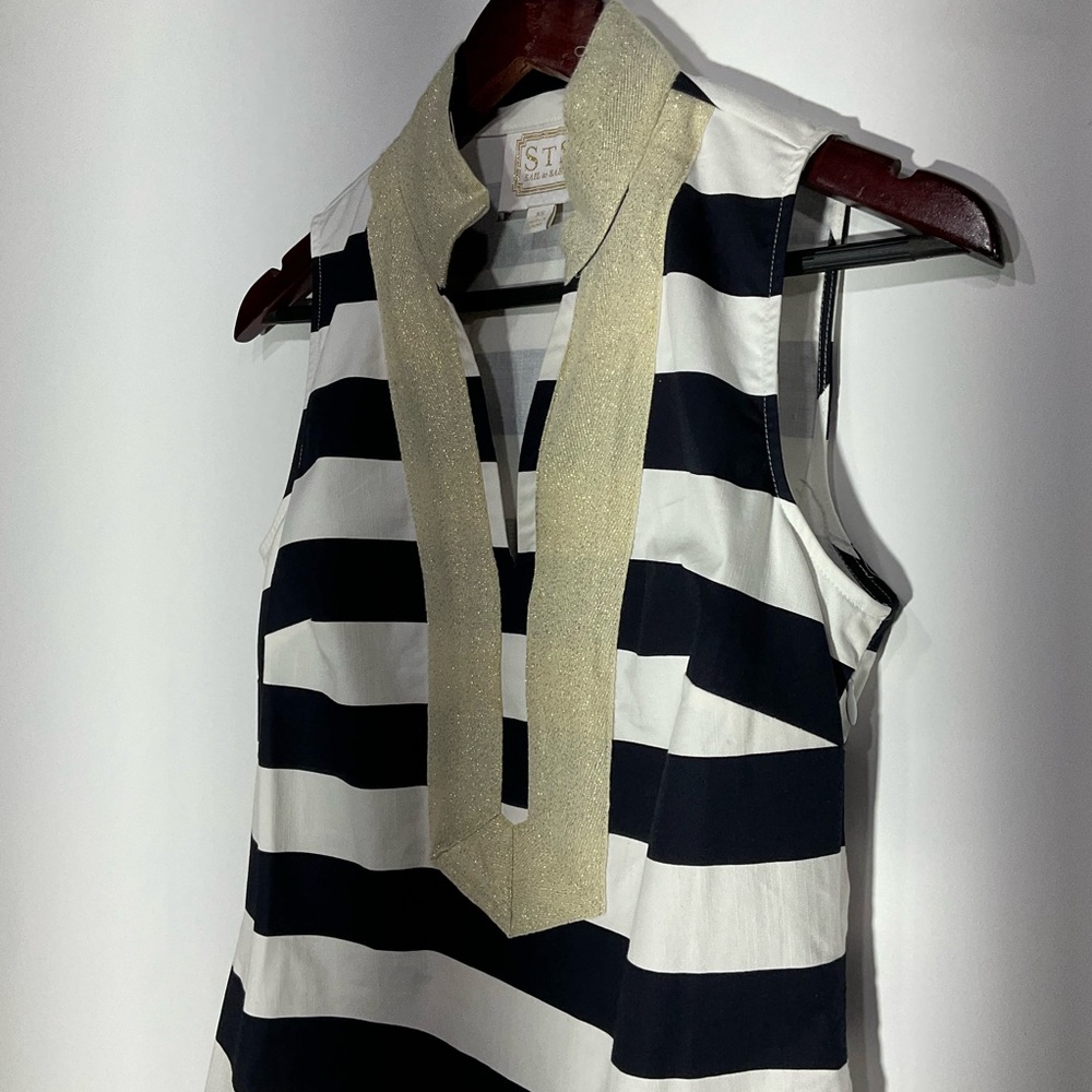 STS Sail to Sable navy & white striped dress gold collar & neckline, side zip XS - Picture 7 of 16
